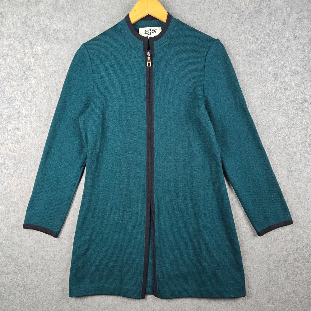 St. John SJK Cardigan Womens 6 Green Full Zip Knit Mock Neck Longline Jacket USA